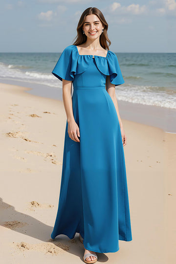Square Neck Royal Blue A Line Ruffled Evening Dress